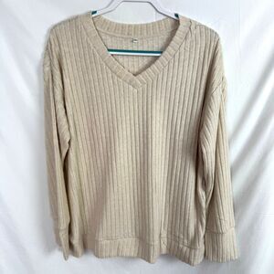 Women's Sweater Size 2XL/2X Beige Oatmeal Ribbed V-Neck Long Sleeves NEW